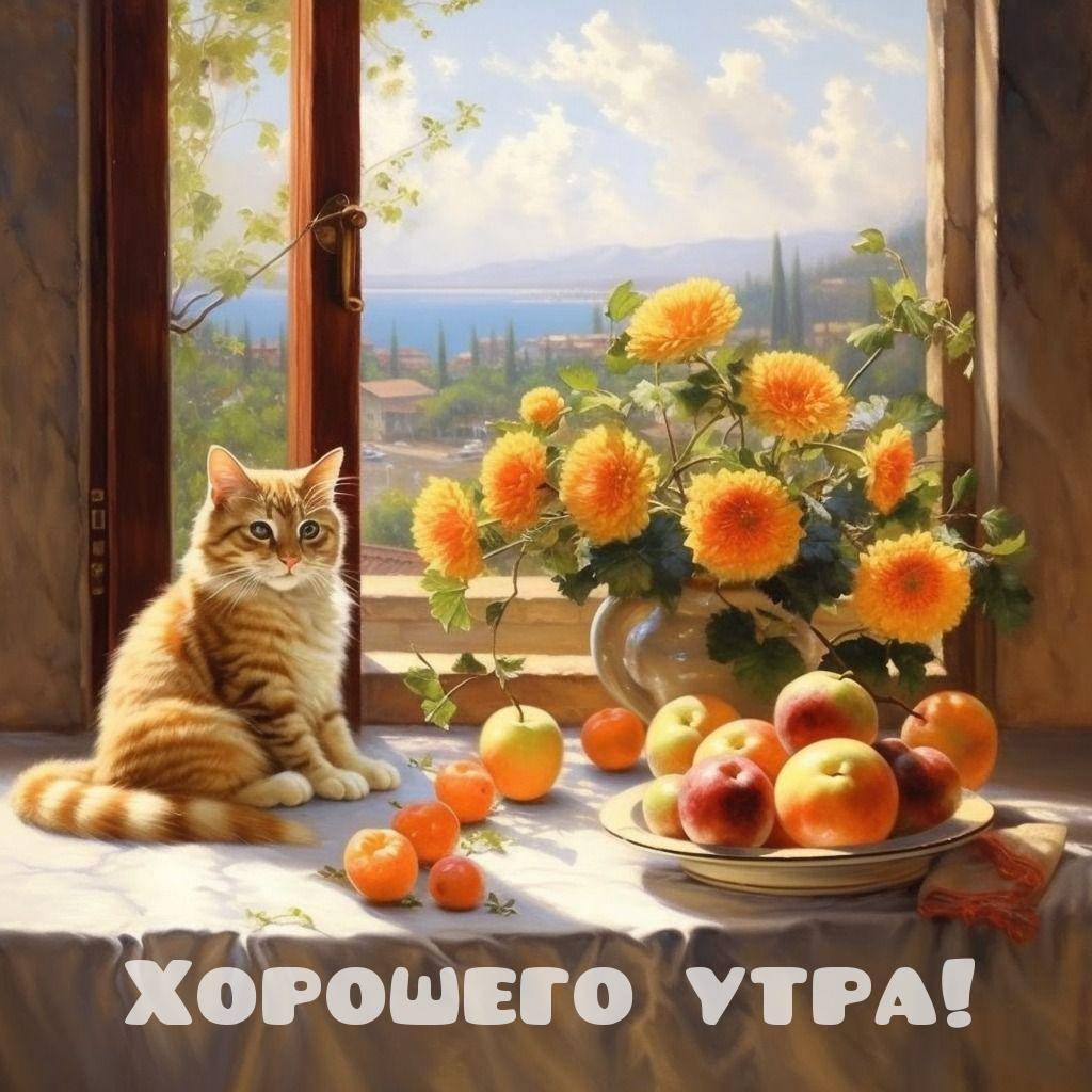 Кот рядом с фруктами на подоконнике утром