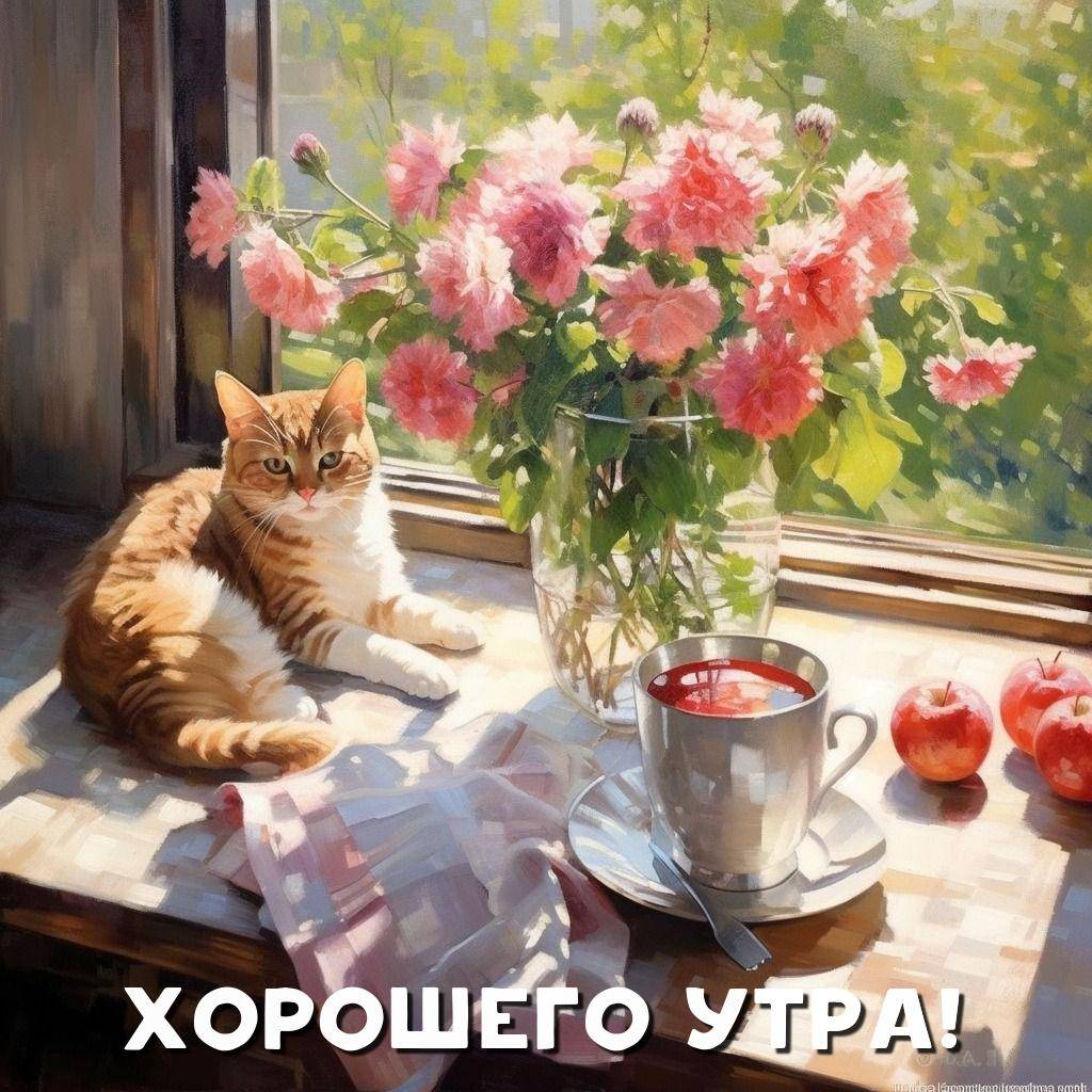 Кот рядом с цветами и чашкой на подоконнике