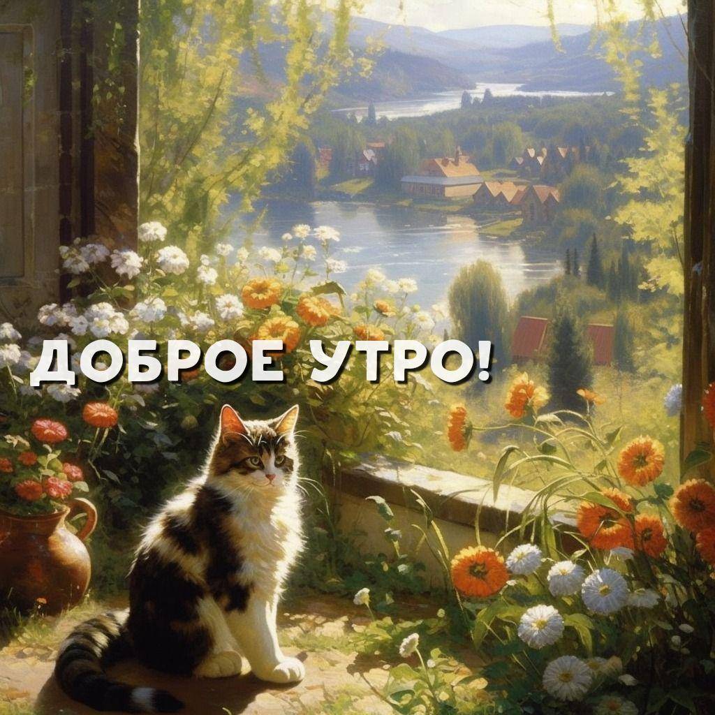 Кот сидит на фоне озера и горного пейзажа с цветами