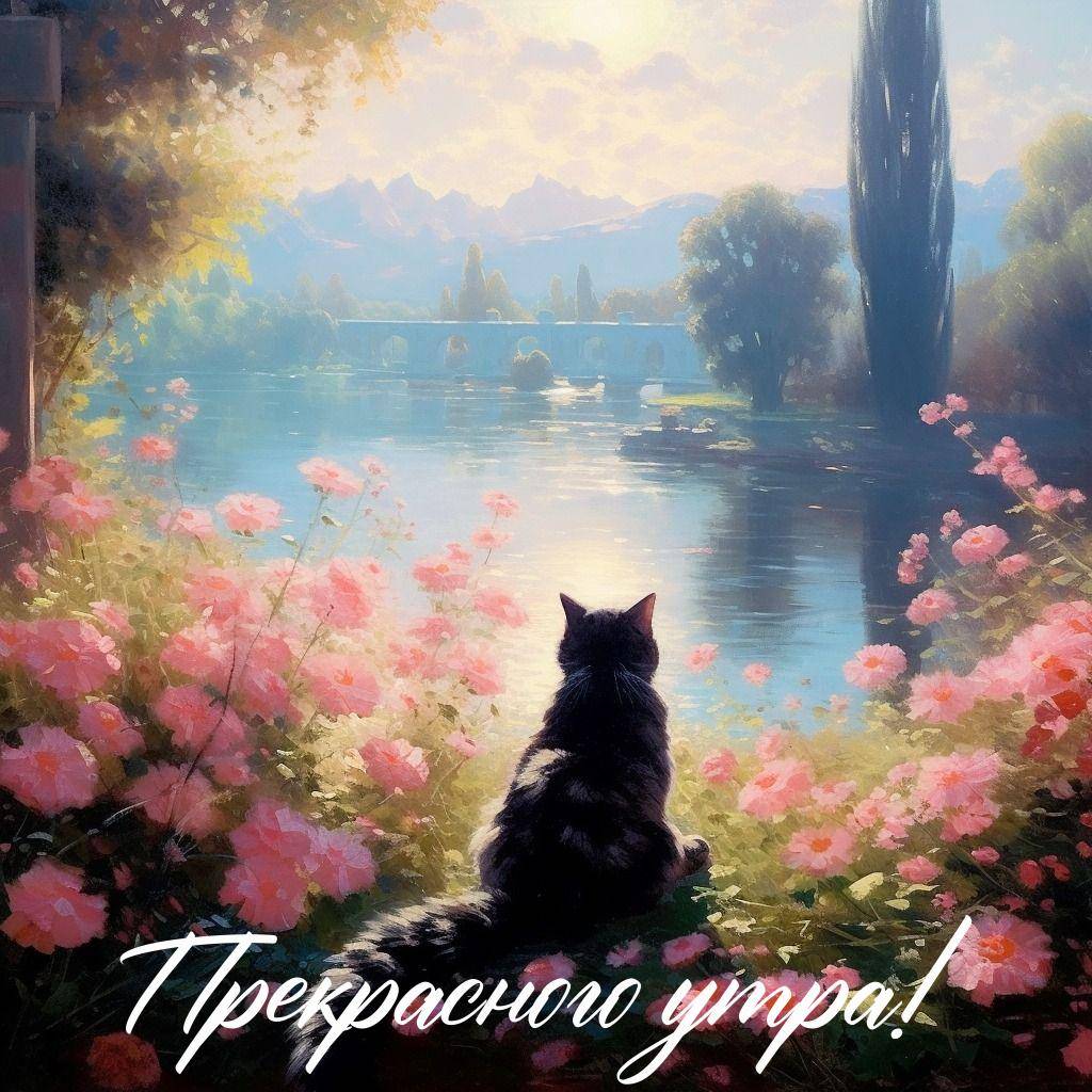 Кот смотрит на рассветное озеро, окруженное цветами и деревьями