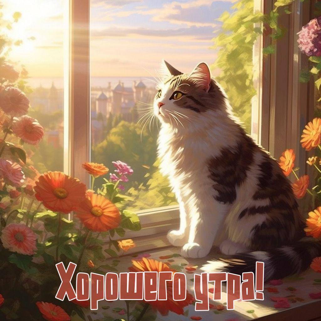 Кот смотрит в окно, цветы на подоконнике