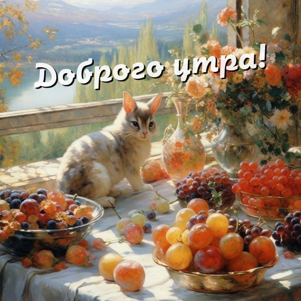 Кот среди фруктов на столе, ваза с цветами, пейзаж с водой