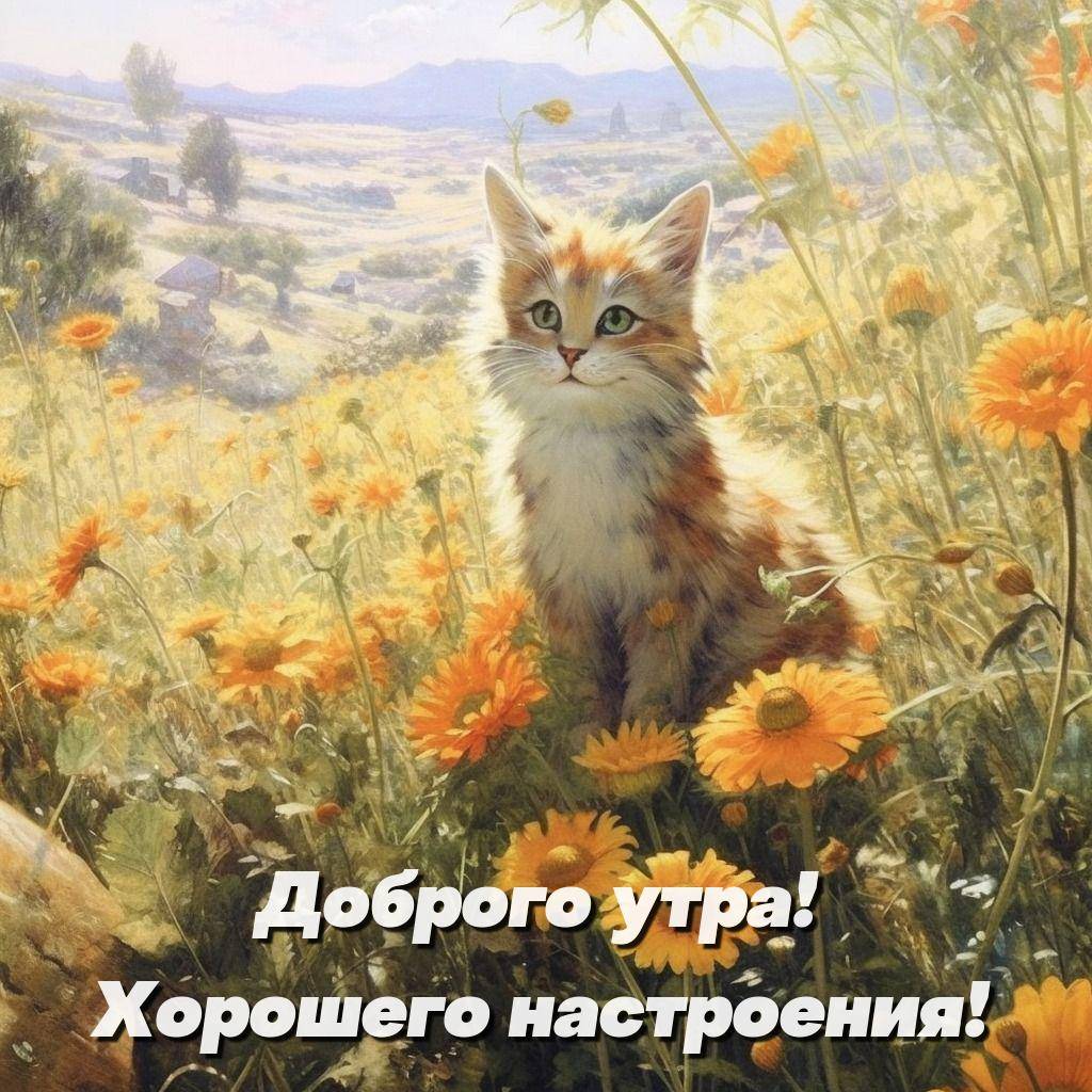 Кот среди желтых цветов на фоне холмов