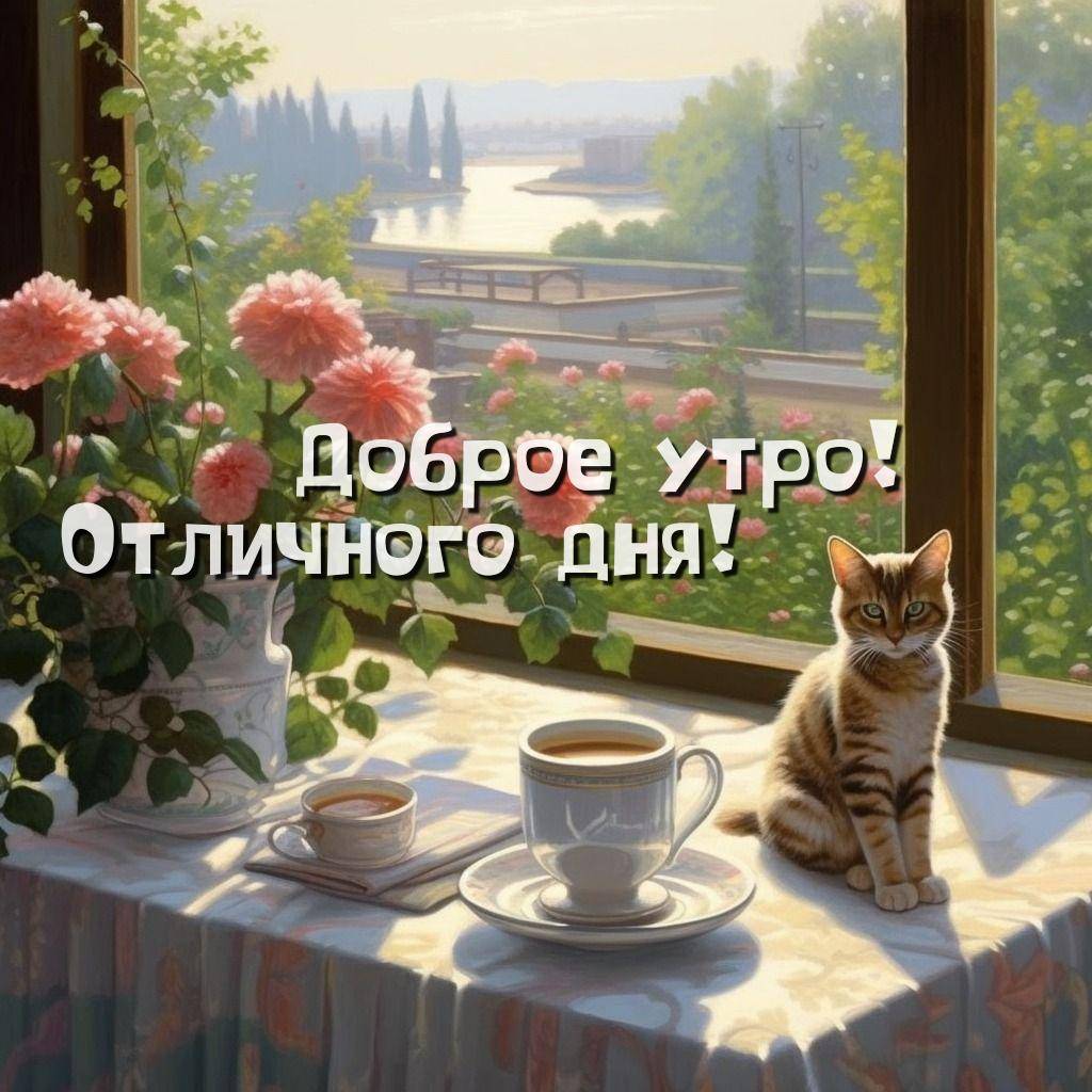 Кот у окна с кофе и цветами на столе