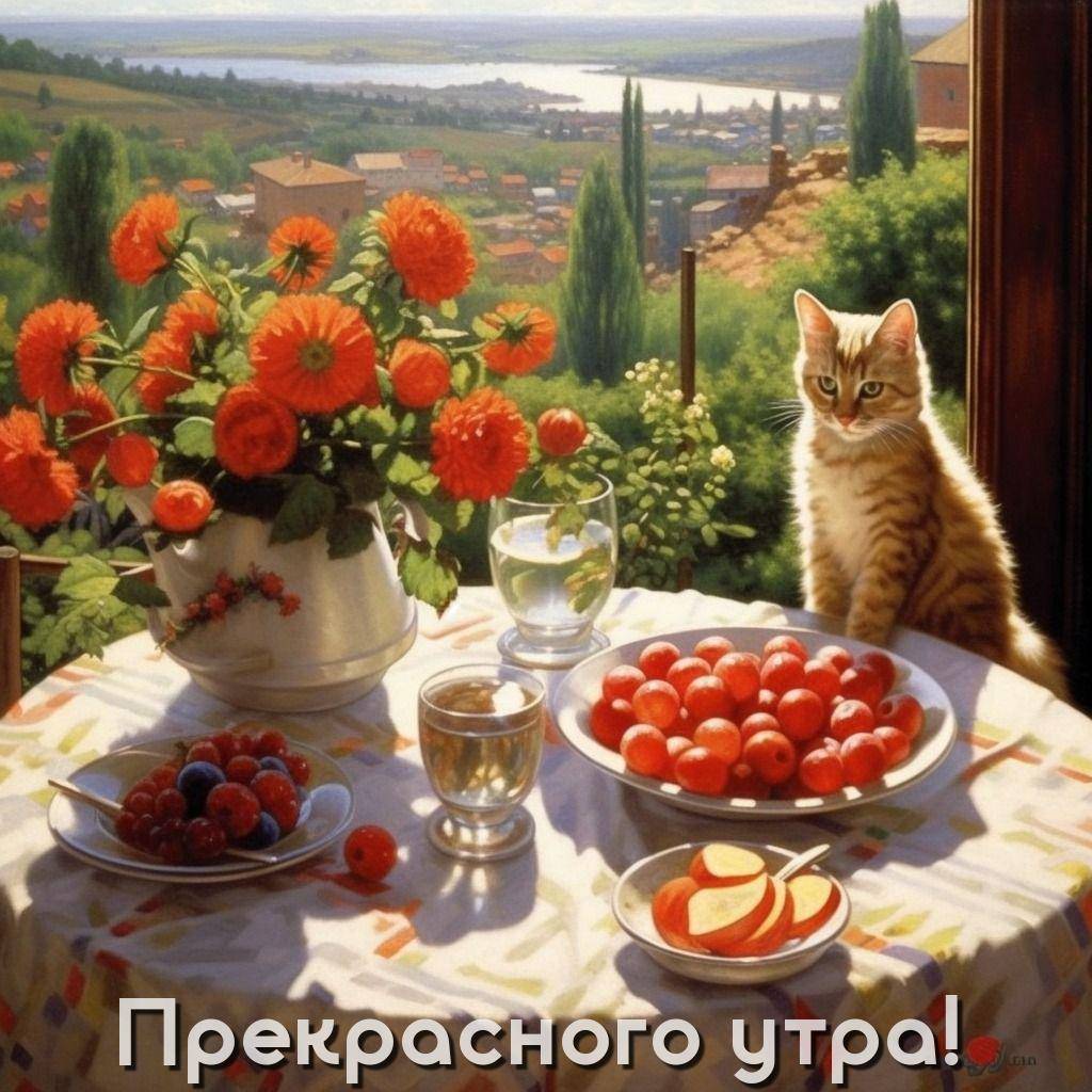 Кот у стола с цветами и фруктами на фоне пейзажа