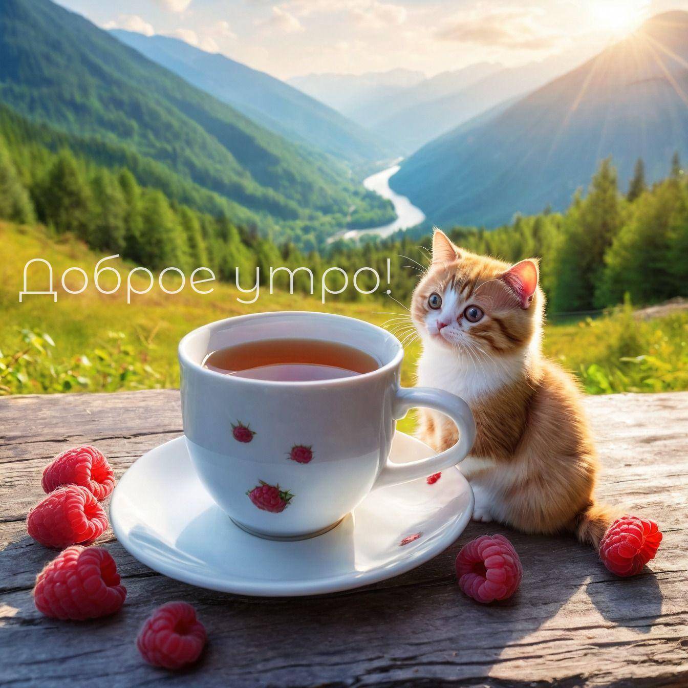 Котенок рядом с чашкой чая на фоне гор