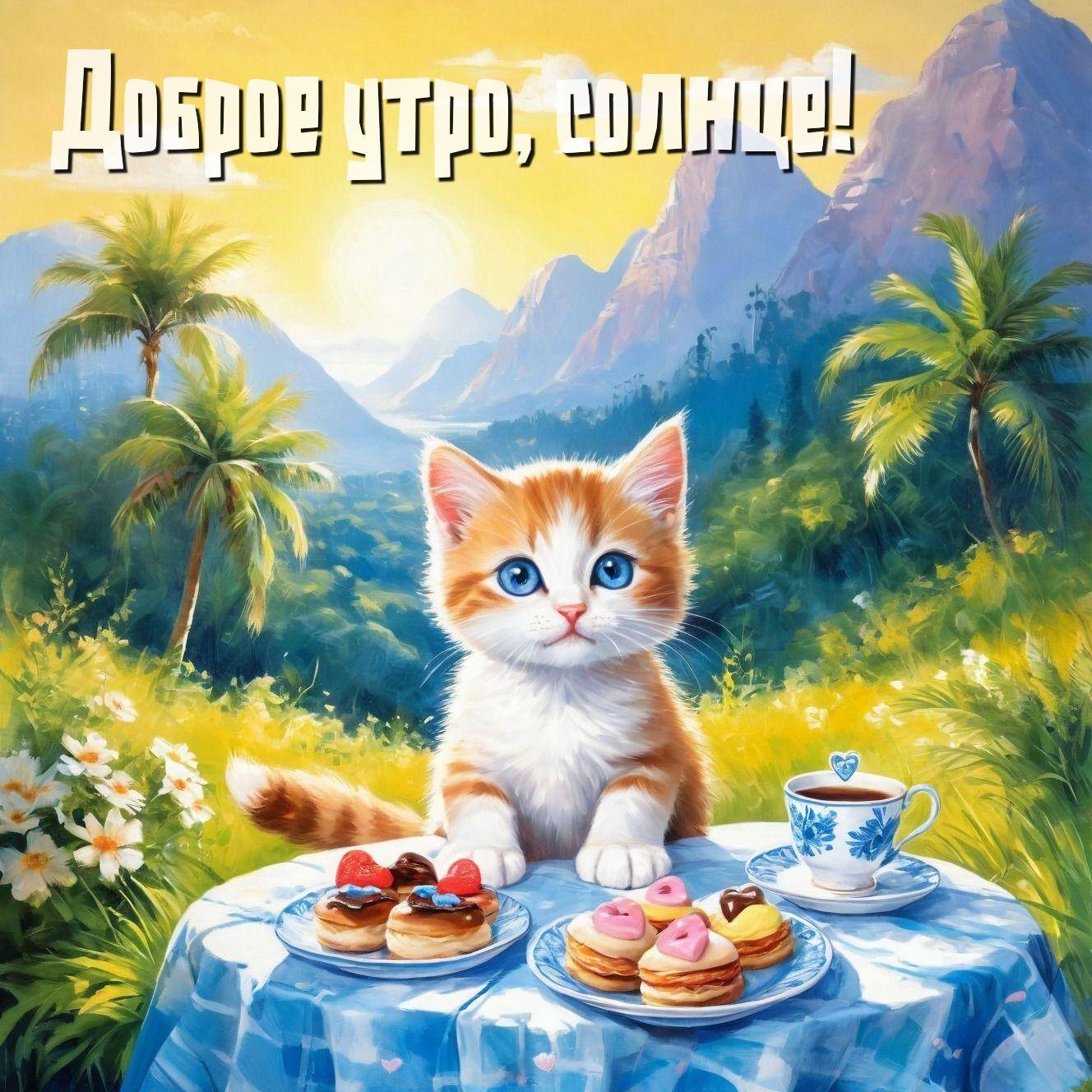 Котенок с блинами на фоне гор и поляны