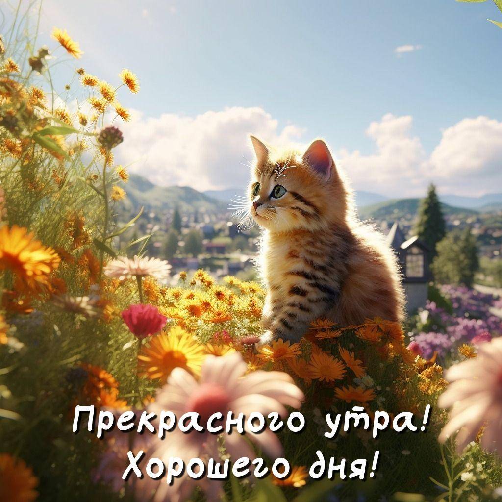 Котенок среди цветов на фоне города
