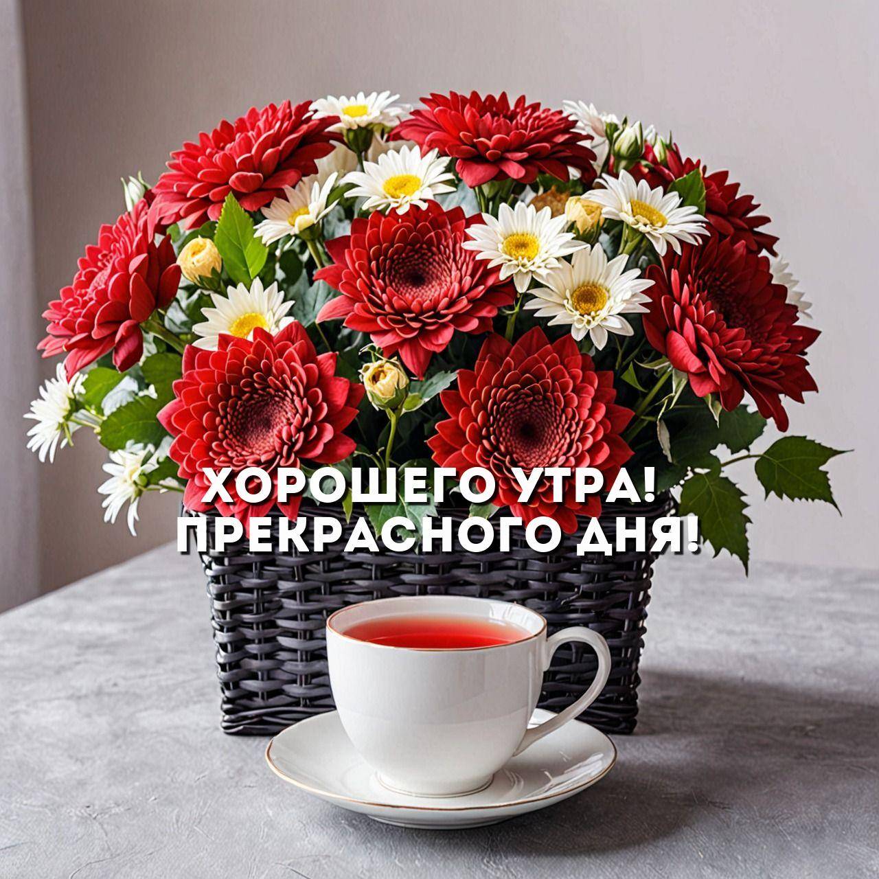 Красные и белые цветы в корзине, чашка чая