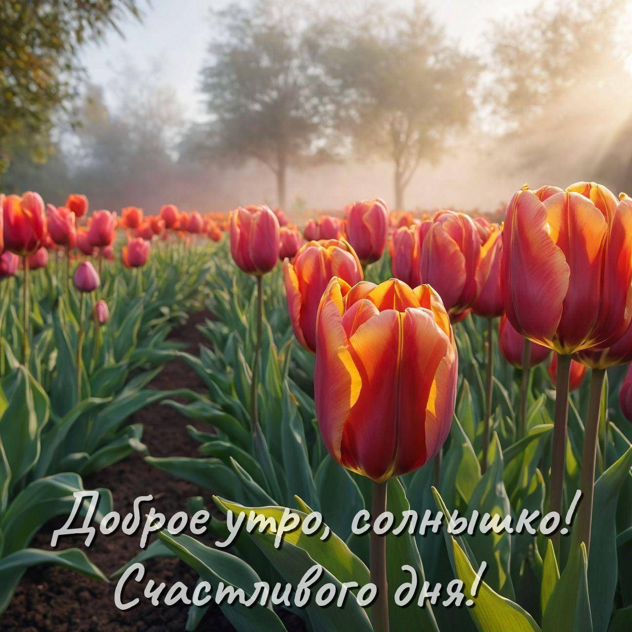 Красные и желтые тюльпаны на рассвете среди тумана