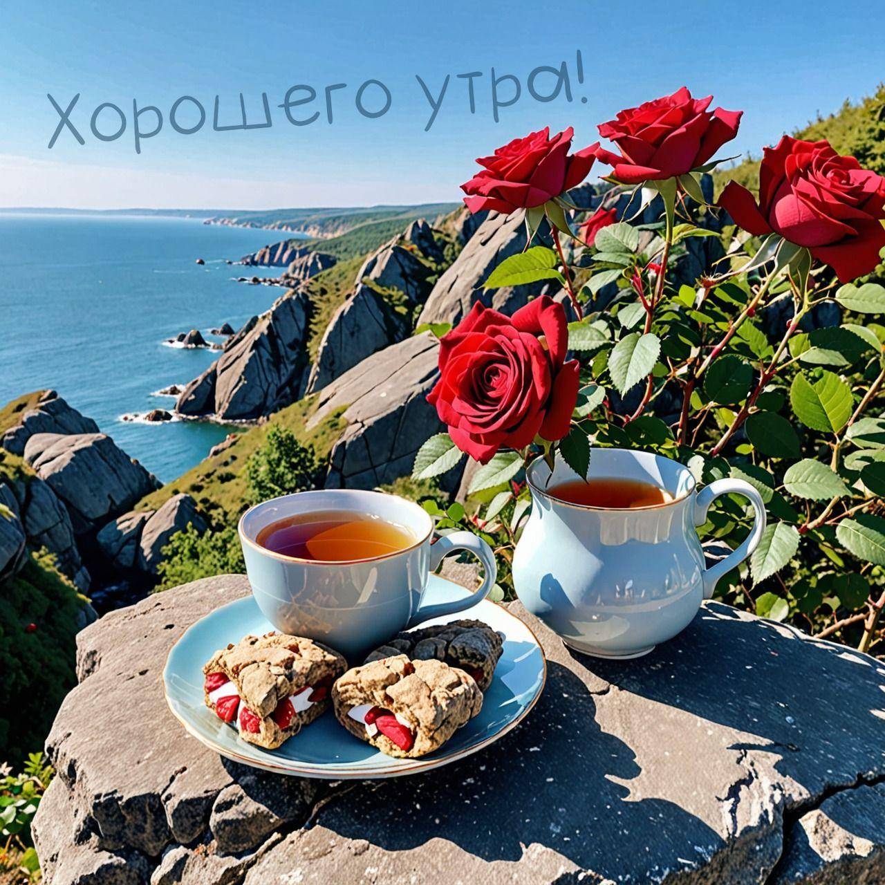 Красные розы и чай на фоне моря