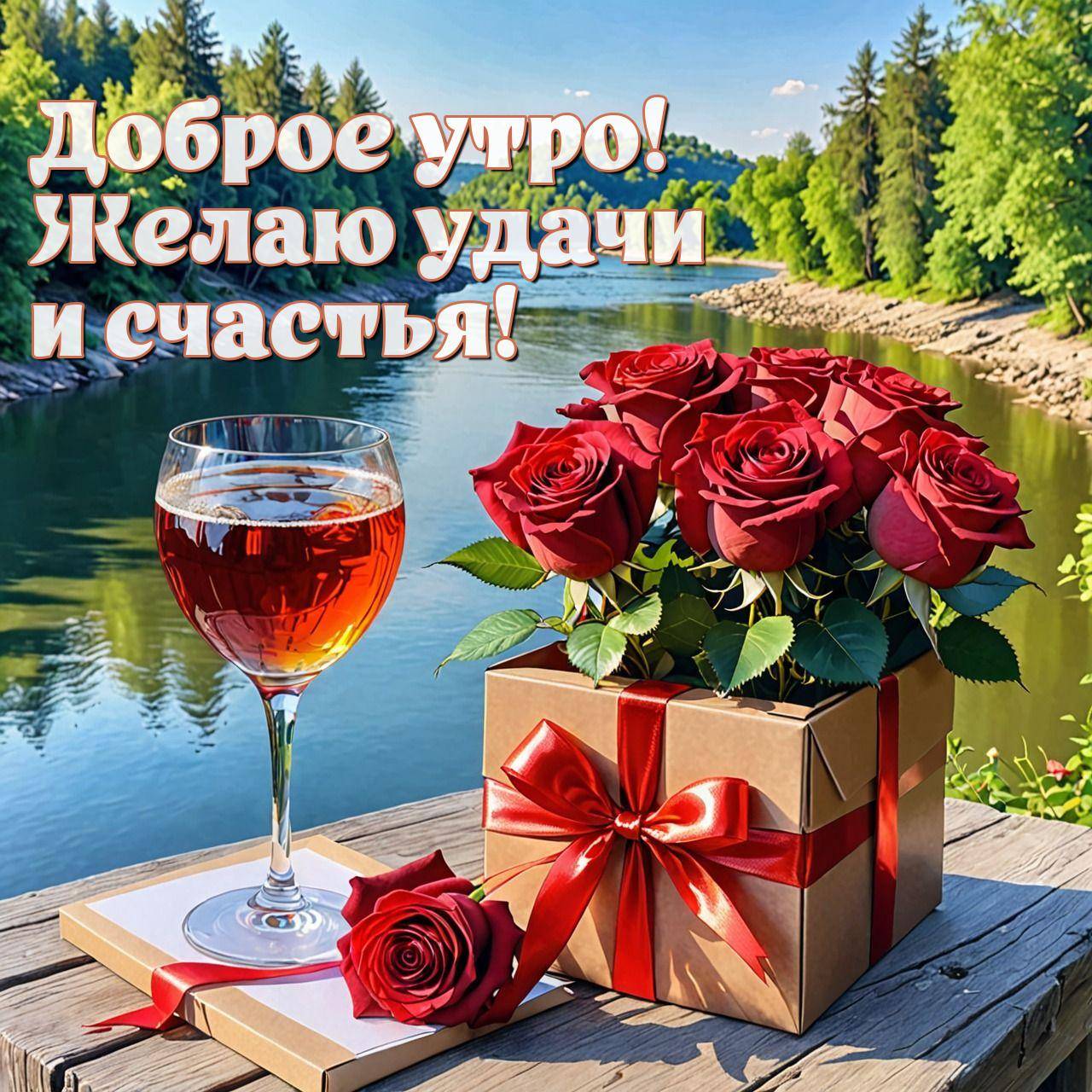 Красные розы в коробке и бокал вина у реки