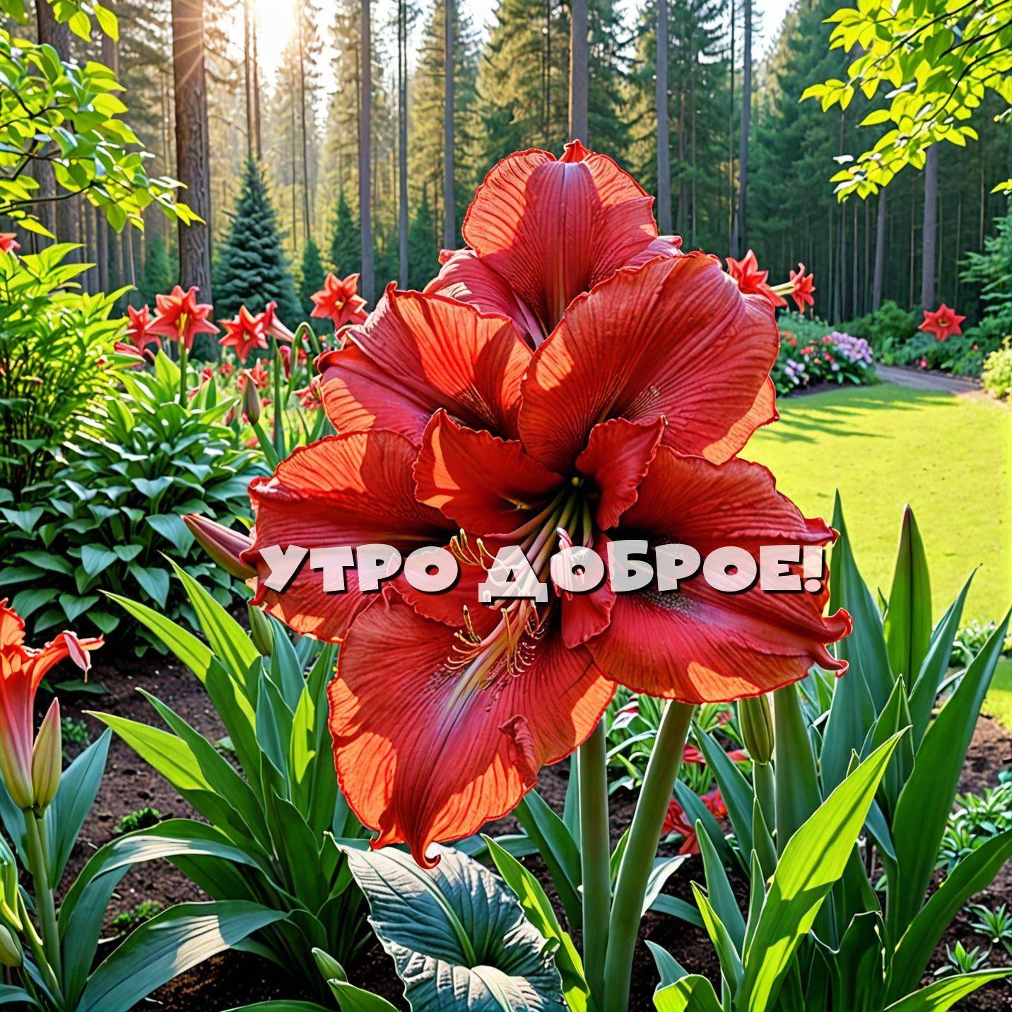 Красные цветы амариллис на фоне леса