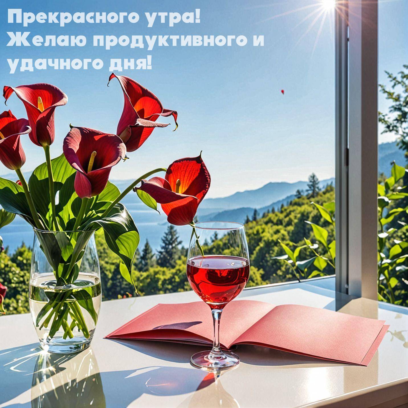 Красные цветы в вазе и бокал с красной жидкостью на фоне гор