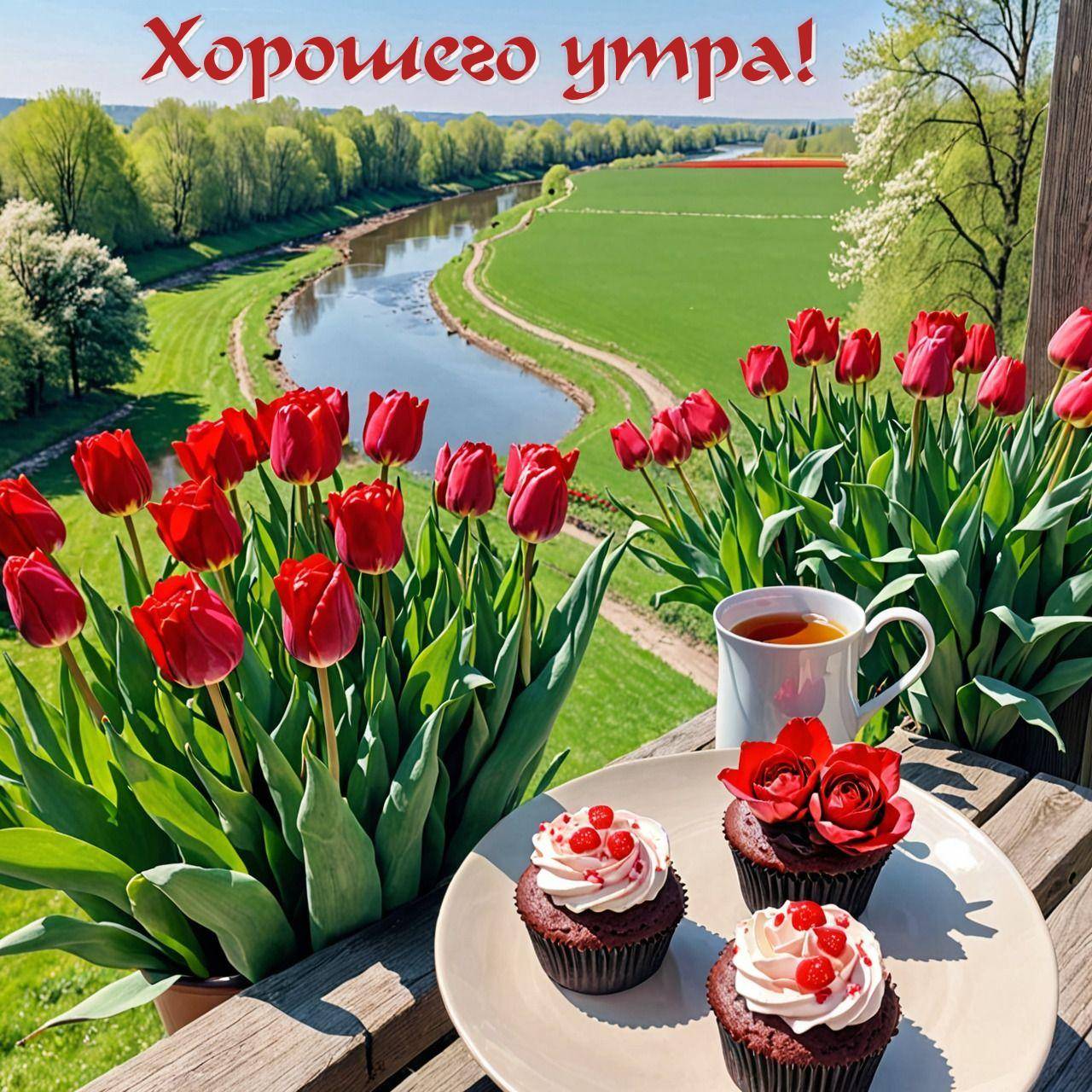 Красные тюльпаны, капкейки, чашка чая на фоне реки