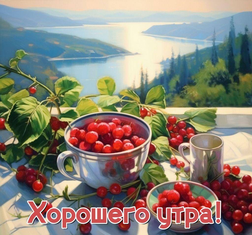 Красные вишни в миске и чашке на фоне озера