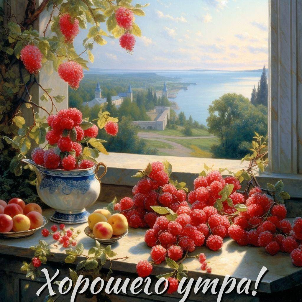 Красные ягоды и персики на подоконнике