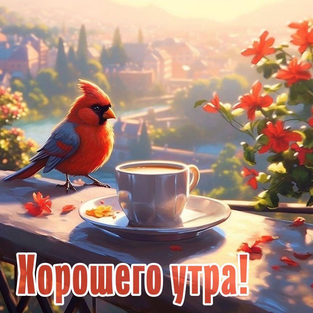 Красный кардинал на столе с чашкой кофе, цветы, утренний городский пейзаж