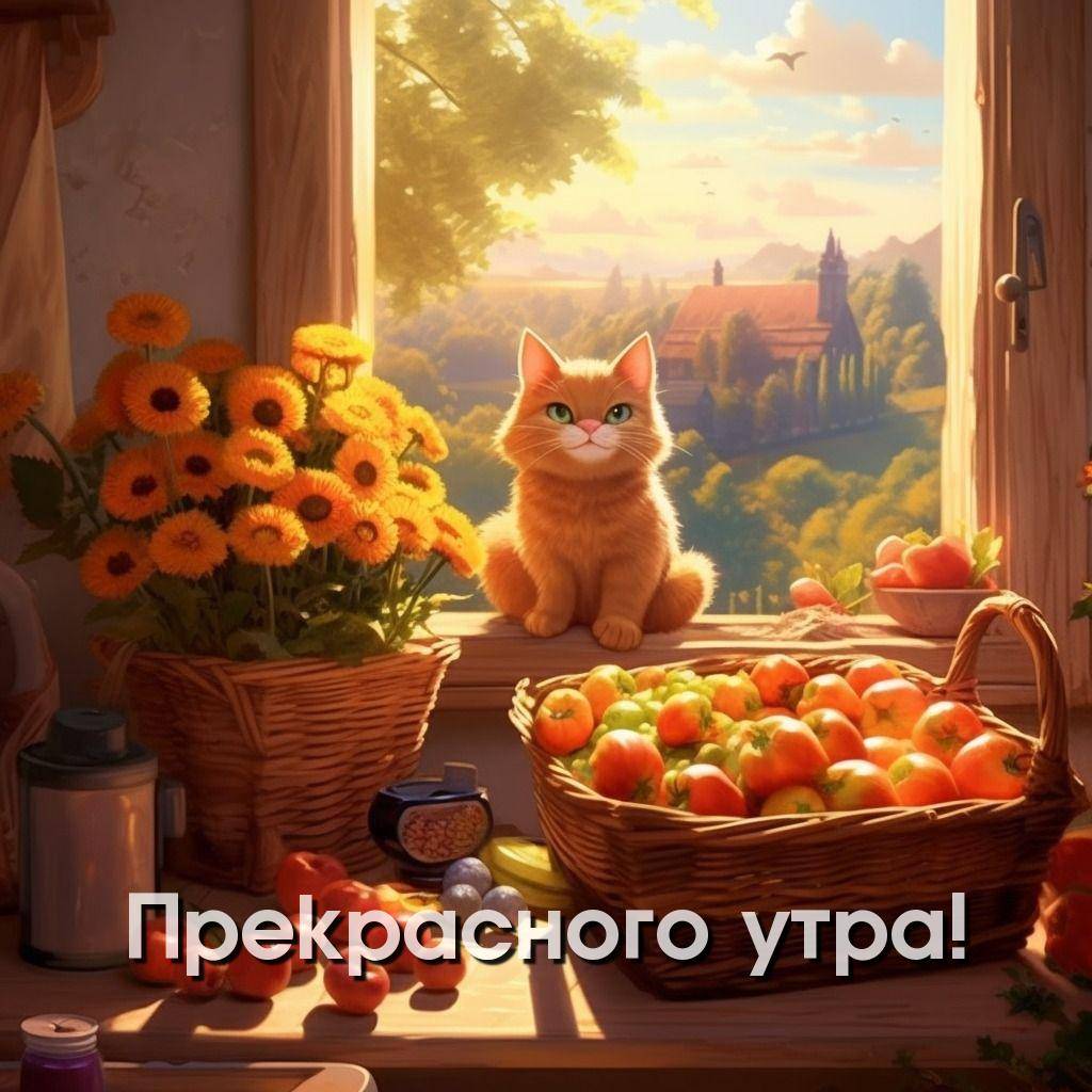 Красный кот на подоконнике с томатами и подсолнухами