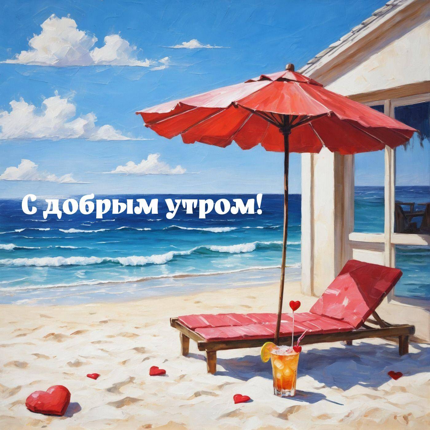 Красный зонт на пляже, шезлонг, море и сердца на песке