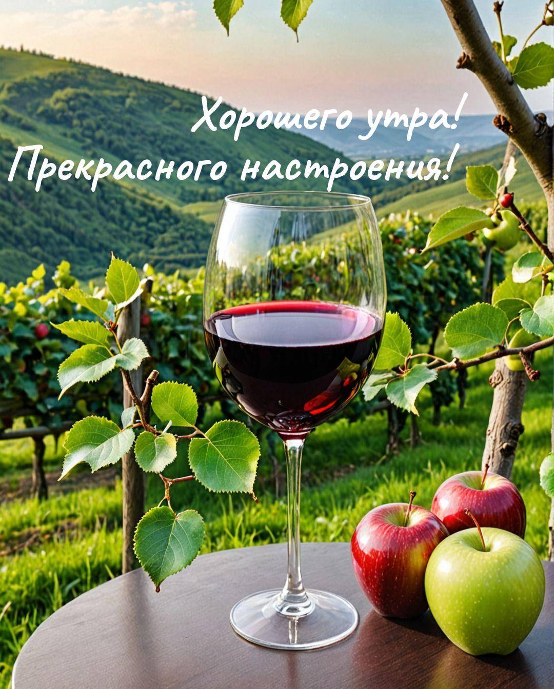 Красное вино и яблоки на фоне зеленых виноградников