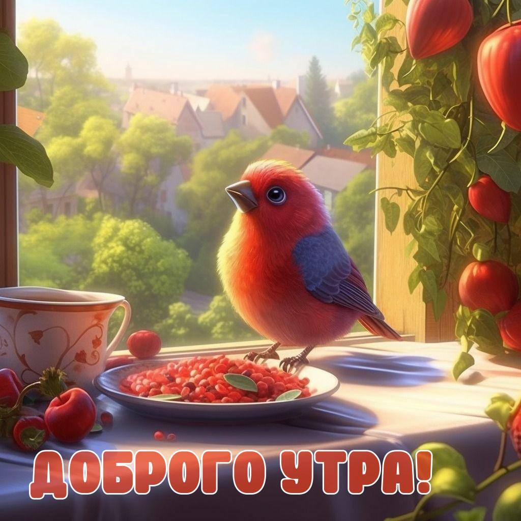 Красно-синяя птица на тарелке с ягодами, чашка с узором, деревья и дома на заднем плане
