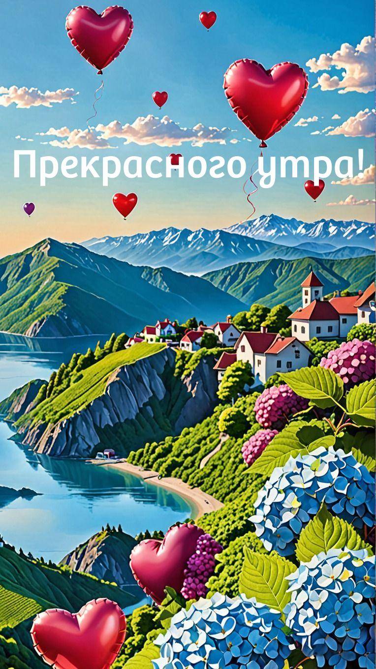 Красочный пейзаж, гидрангеи, деревня у моря, воздушные шары в форме сердец