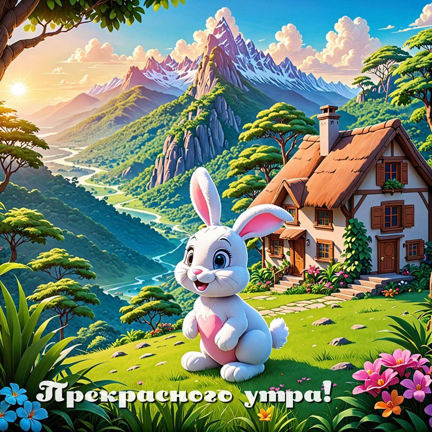 Красочный пейзаж с кроликом и домиком у реки