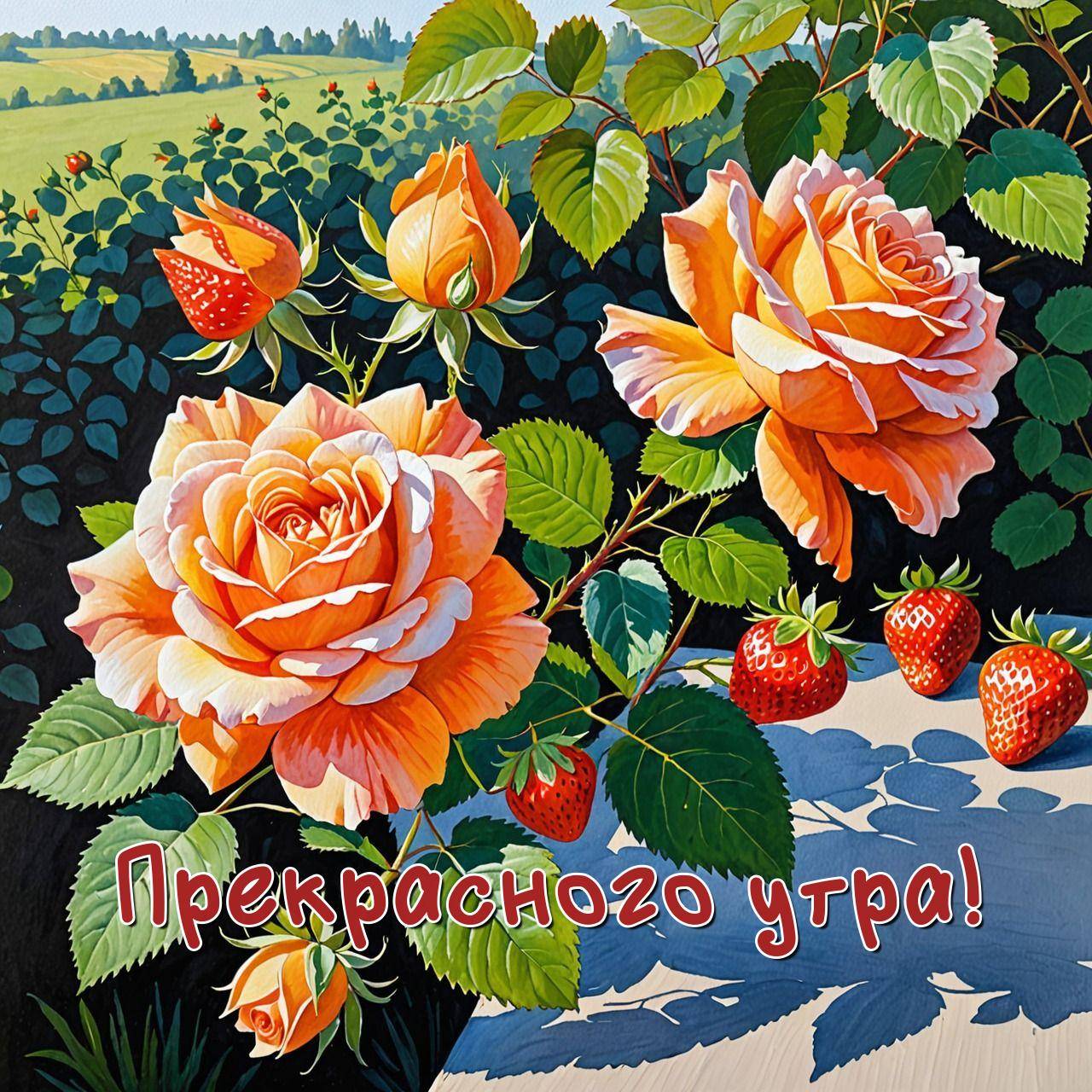 Крупные розы и клубника на фоне зелени