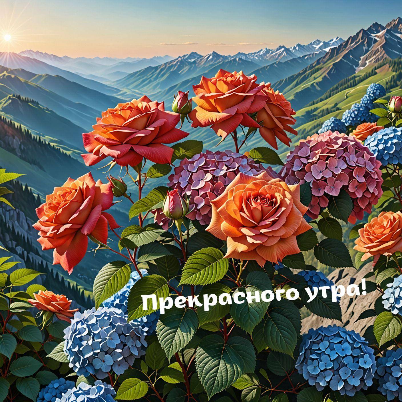Крупный план роз и гортензий на фоне гор