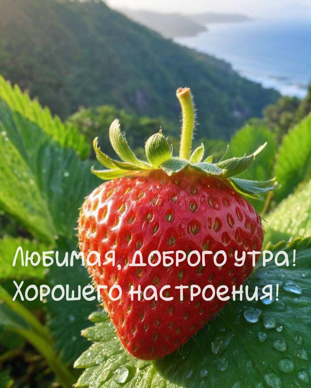 Крупный плод клубники на фоне моря