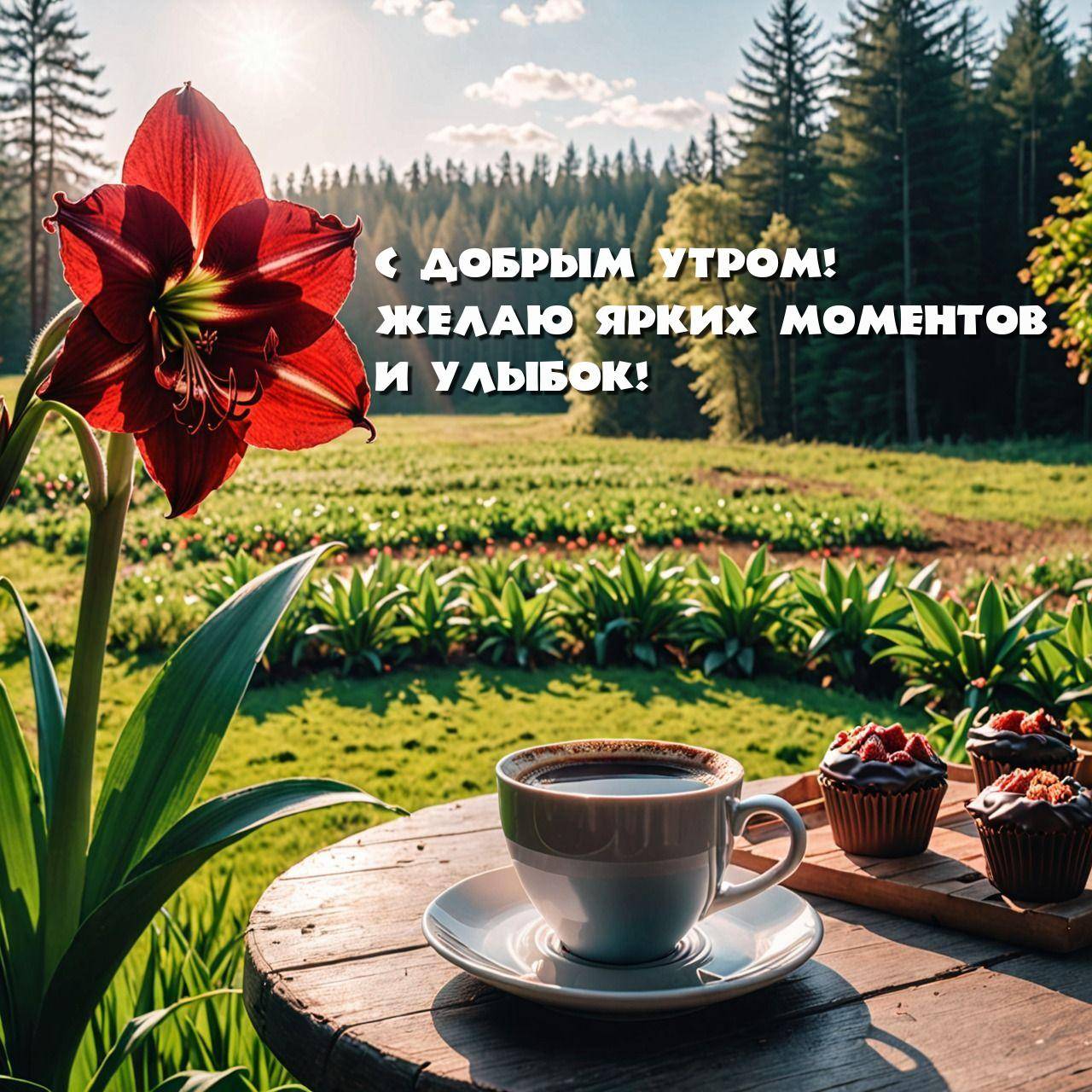Крупный цветок, чашка кофе, лес и поляна
