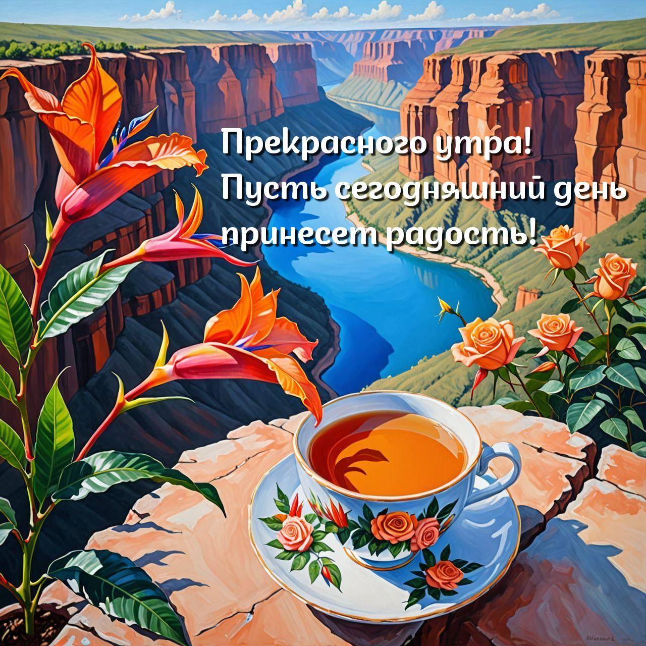 Кружка чая с розами на фоне каньона и реки
