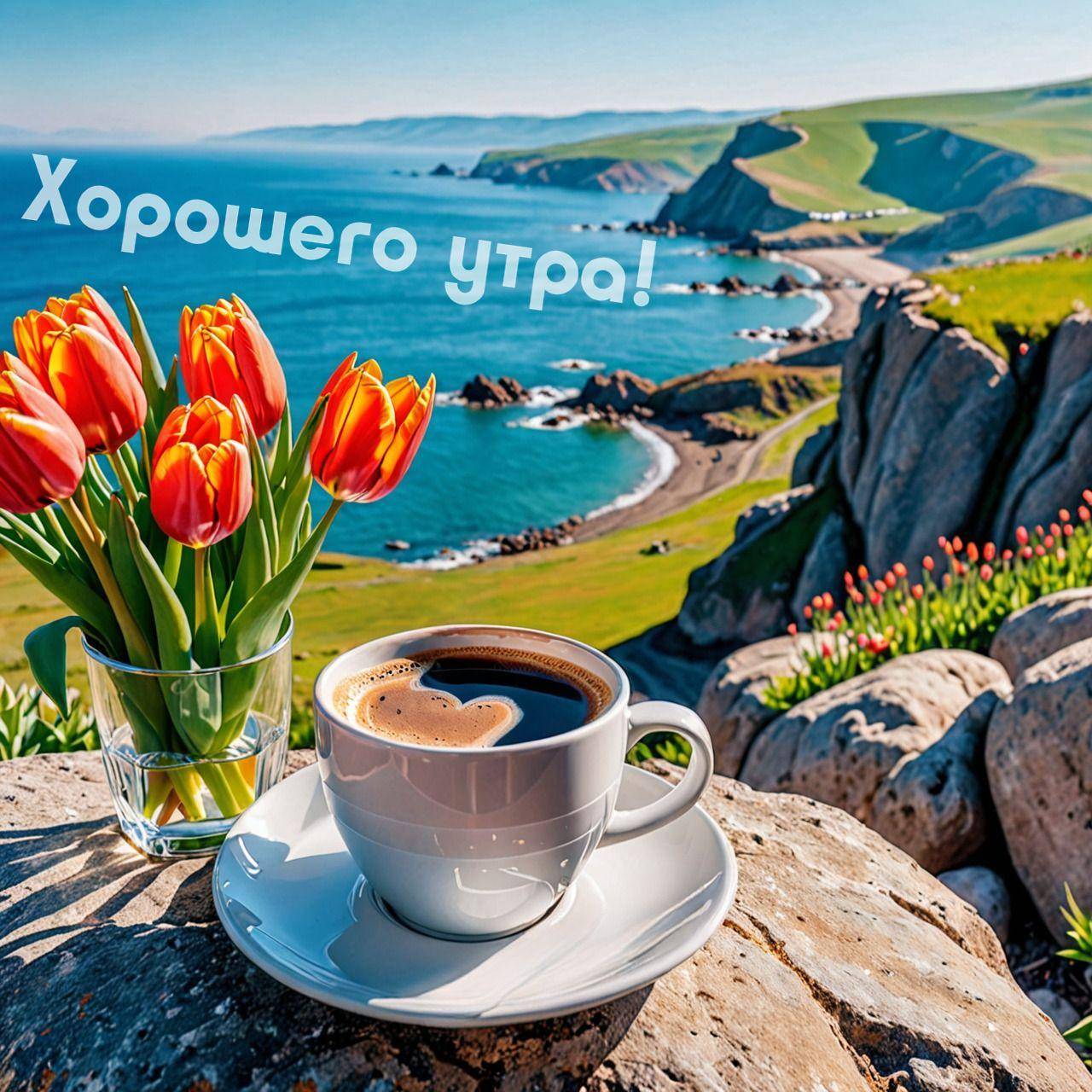 Кружка кофе и тюльпаны на фоне морского пейзажа