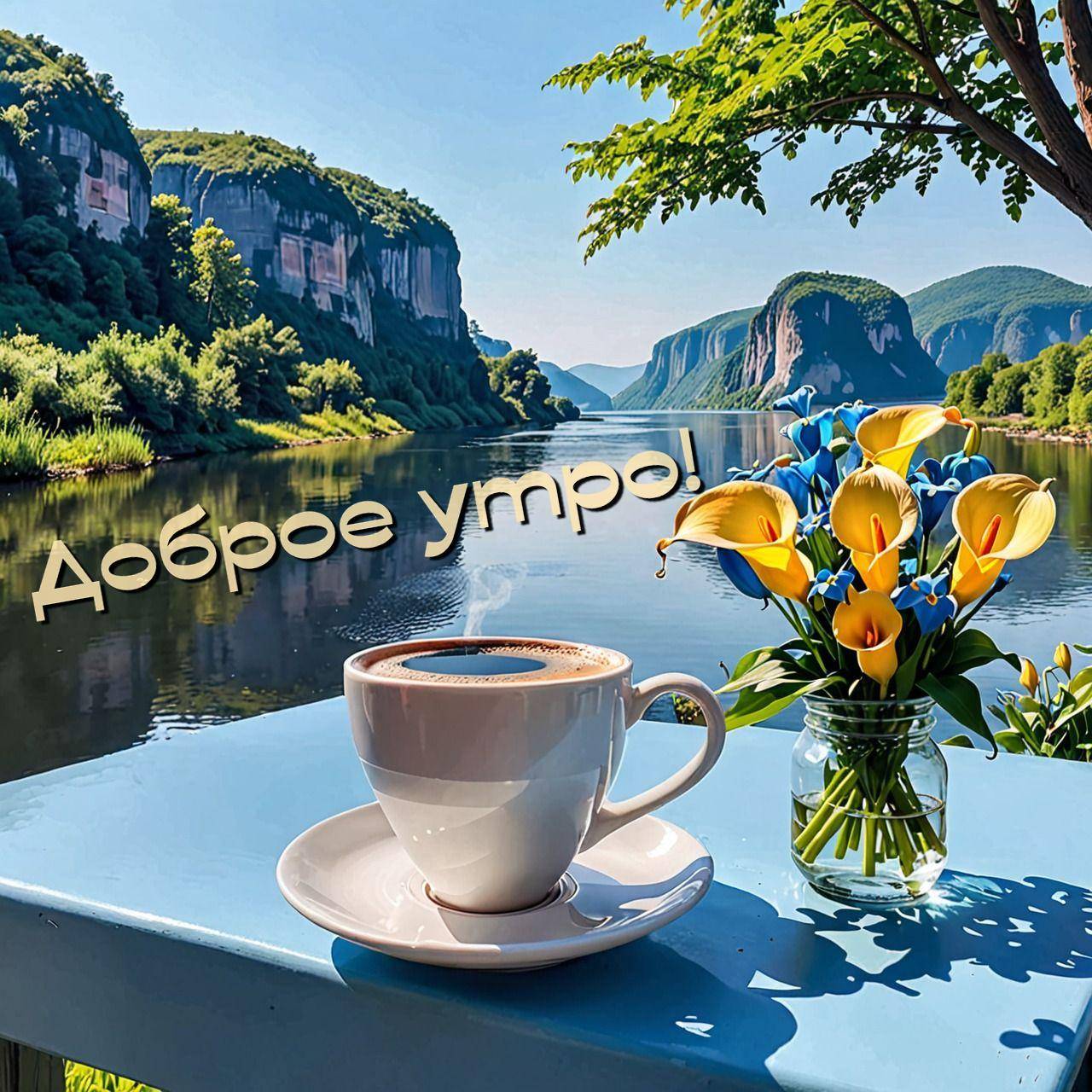 Кружка кофе на фоне реки и гор