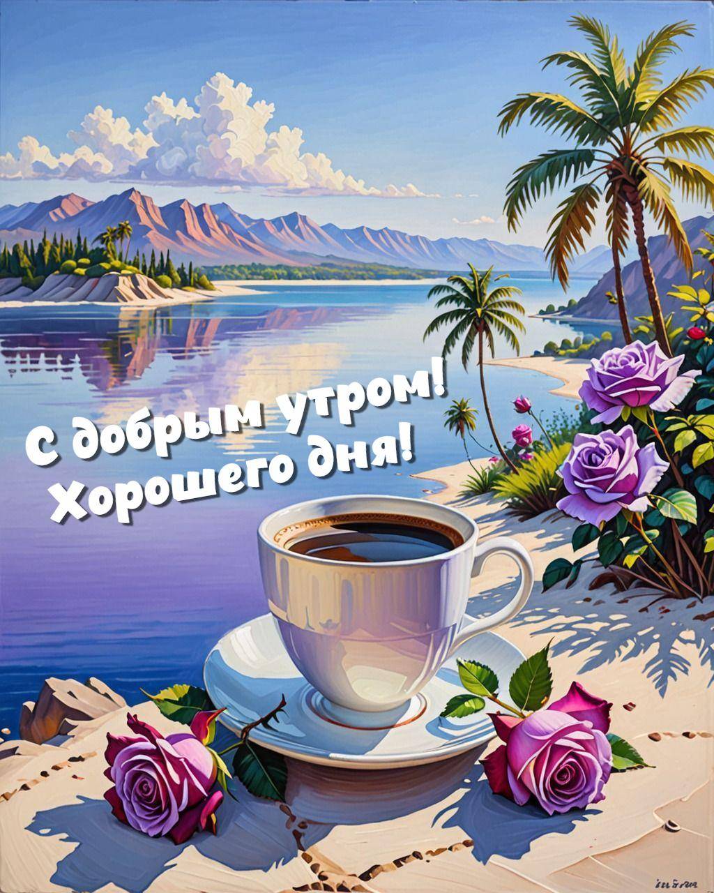Кружка кофе с блюдцем и розы на фоне озера и гор