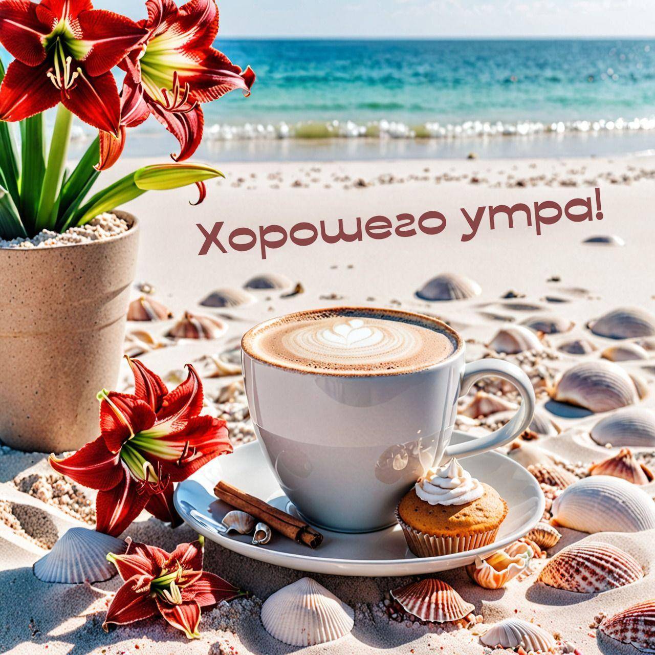 Кружка кофе с печеньем и цветами на пляже