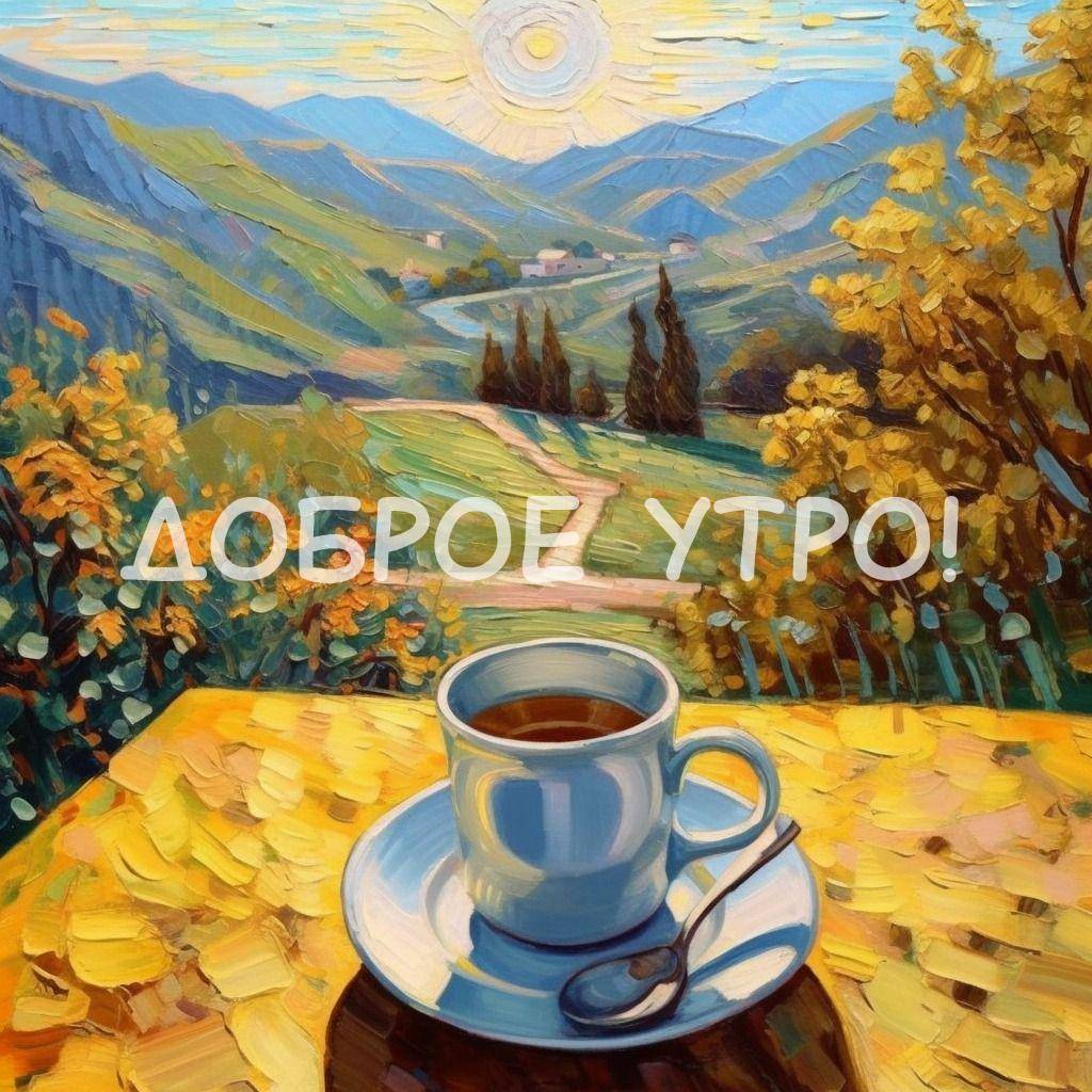 Кружка на подносе перед горным пейзажем