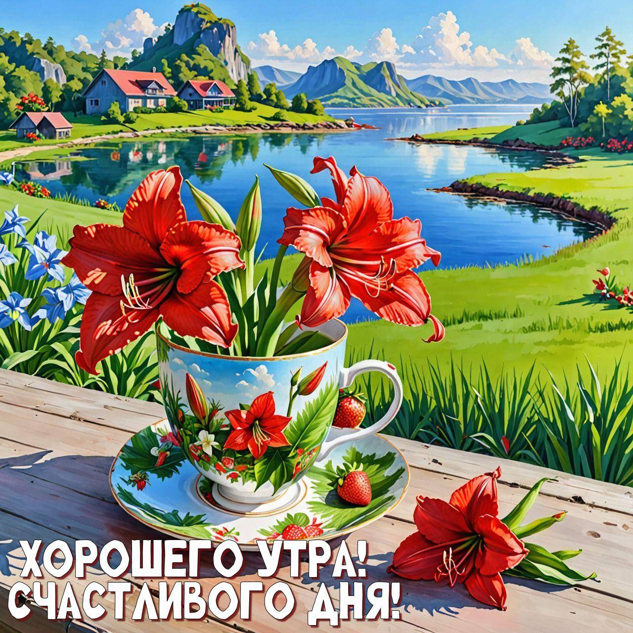 Кружка с красными цветами на фоне пейзажа