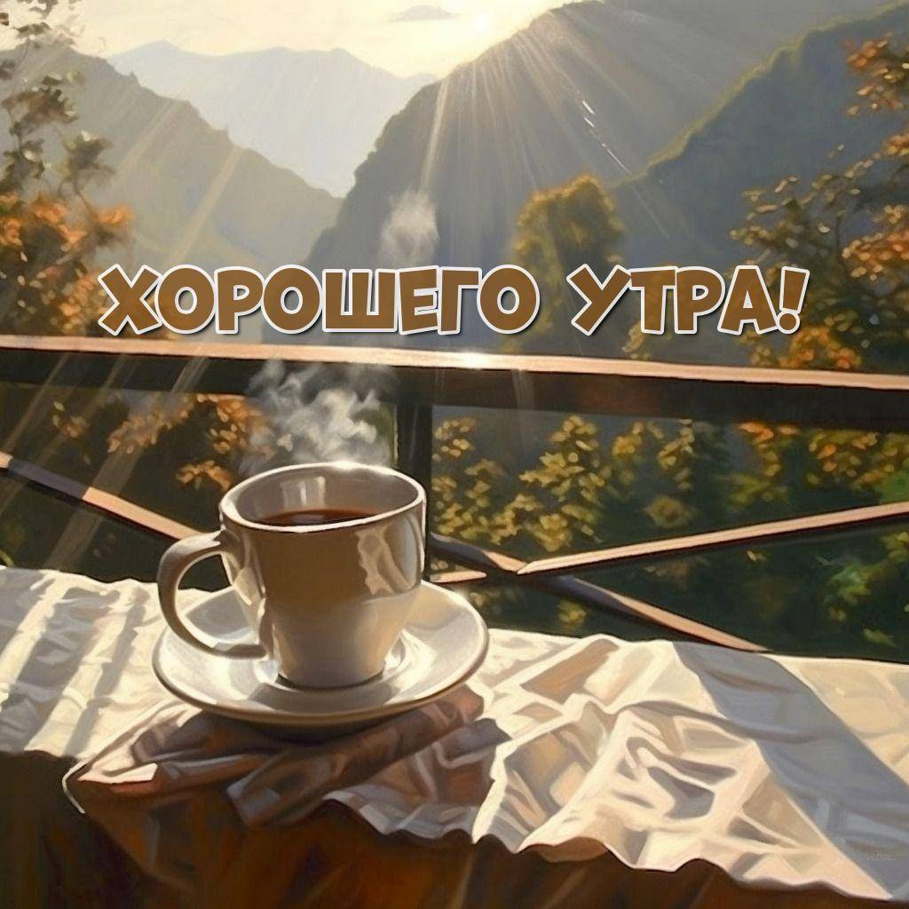 Кружка с парящим напитком на фоне горного пейзажа и лучей солнца