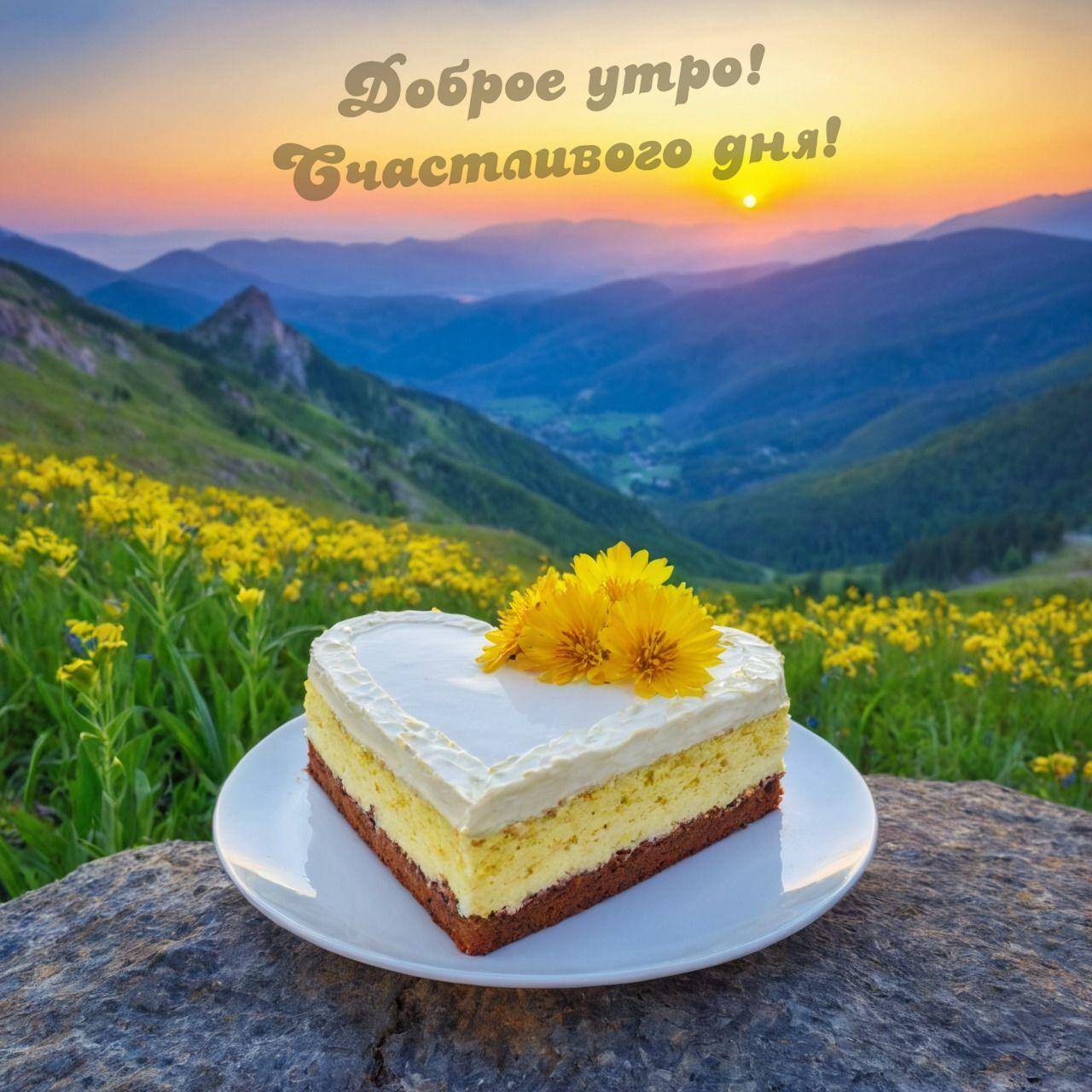 Кусок торта с белой глазурью и цветами на фоне гор