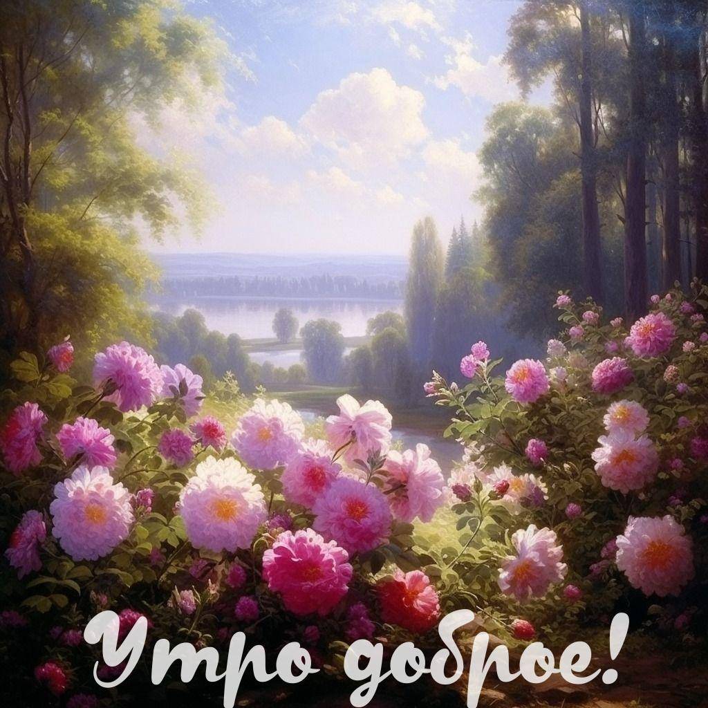 Ландшафт с пионами и видом на воду