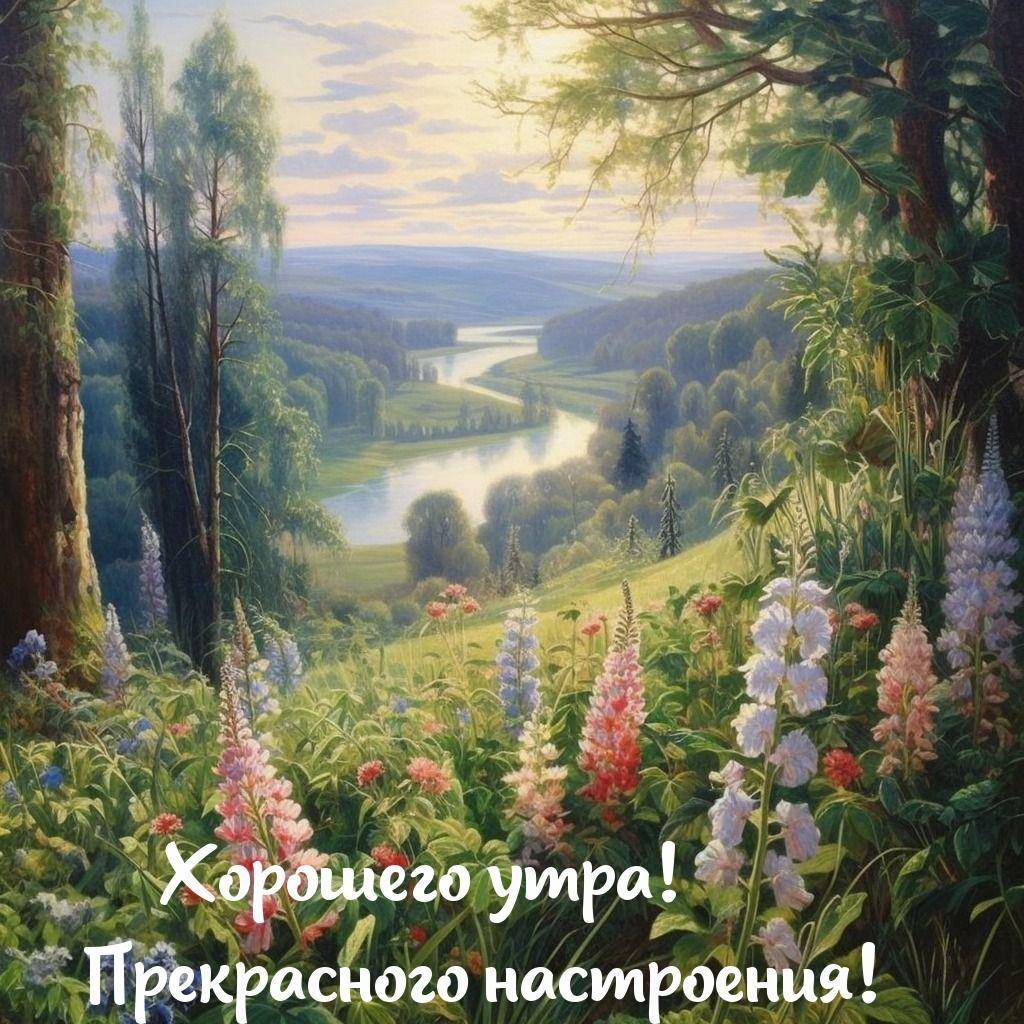 Ландшафт с рекой, деревьями и цветами на переднем плане