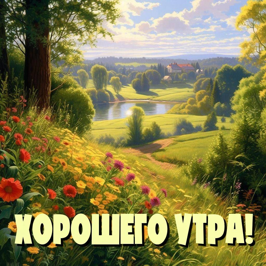 Ландшафт с цветами и деревней у реки