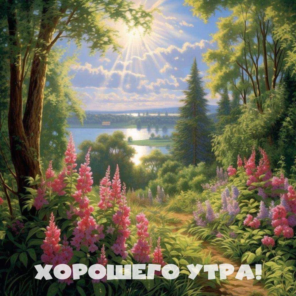 Ландшафт с цветущими люпинами и рекой