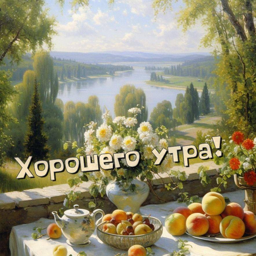 Ландшафт с вазой цветов и фруктами