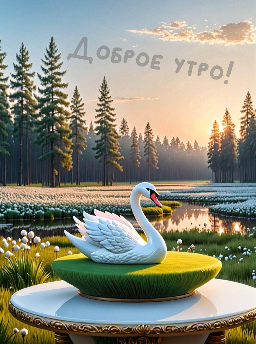 Лебедь на озере среди леса, отражение воды, цветы и туман