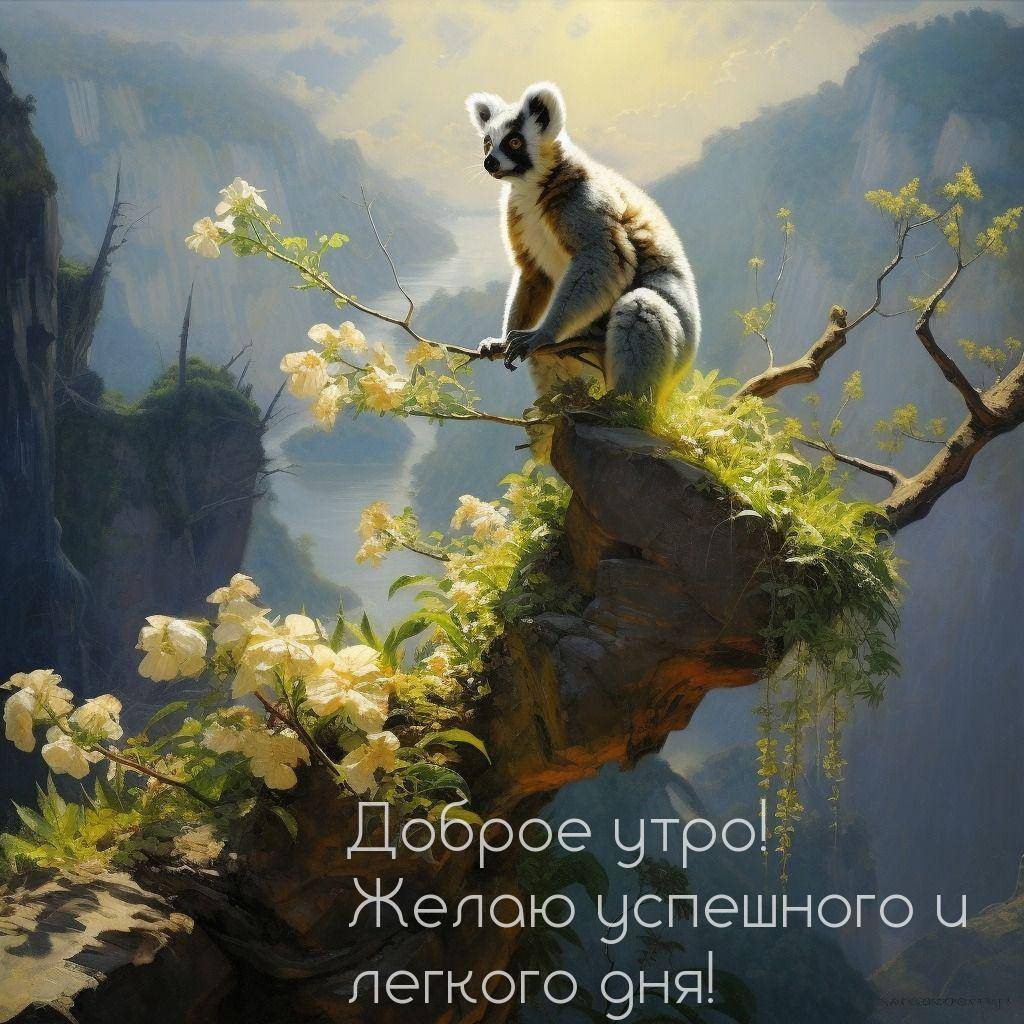 Лемур на ветке с цветами над пропастью