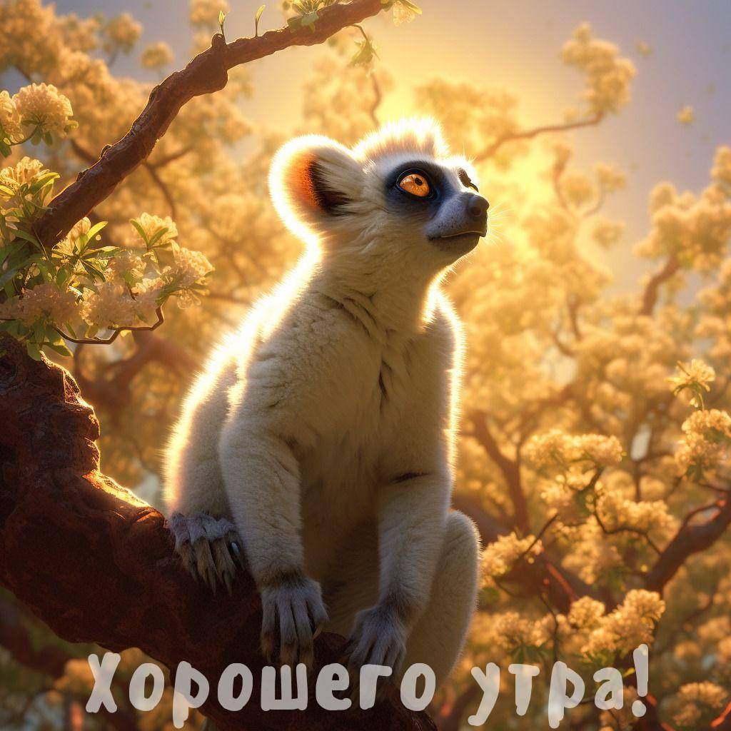 Лемур на ветке среди цветущих деревьев