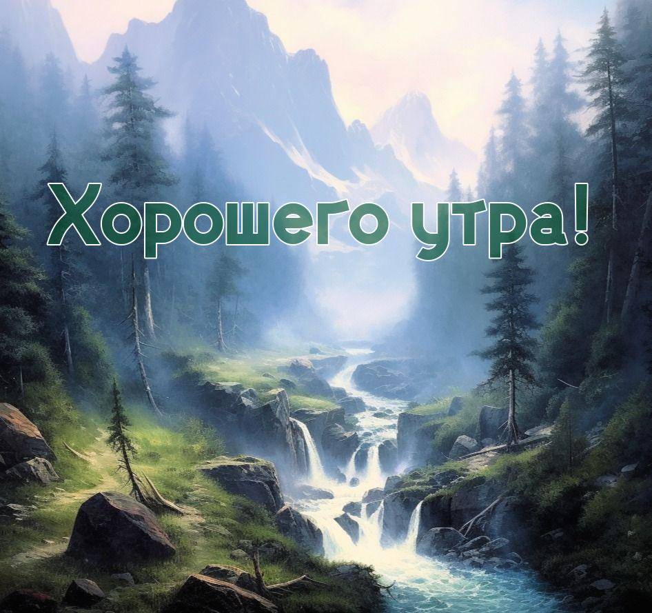 Лес, горы, река с водопадами и туман утром